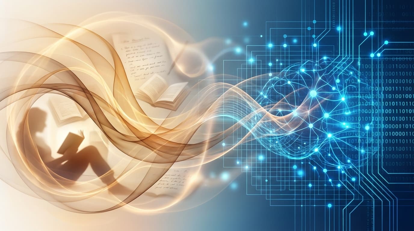 人間可読性とAI可読性の対比を表す抽象的なビジュアライゼーション